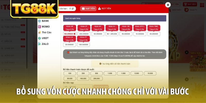 Bổ sung vốn cược nhanh chóng chỉ với vài bước