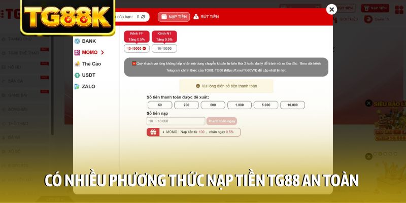 Có nhiều phương thức nạp tiền TG88 an toàn